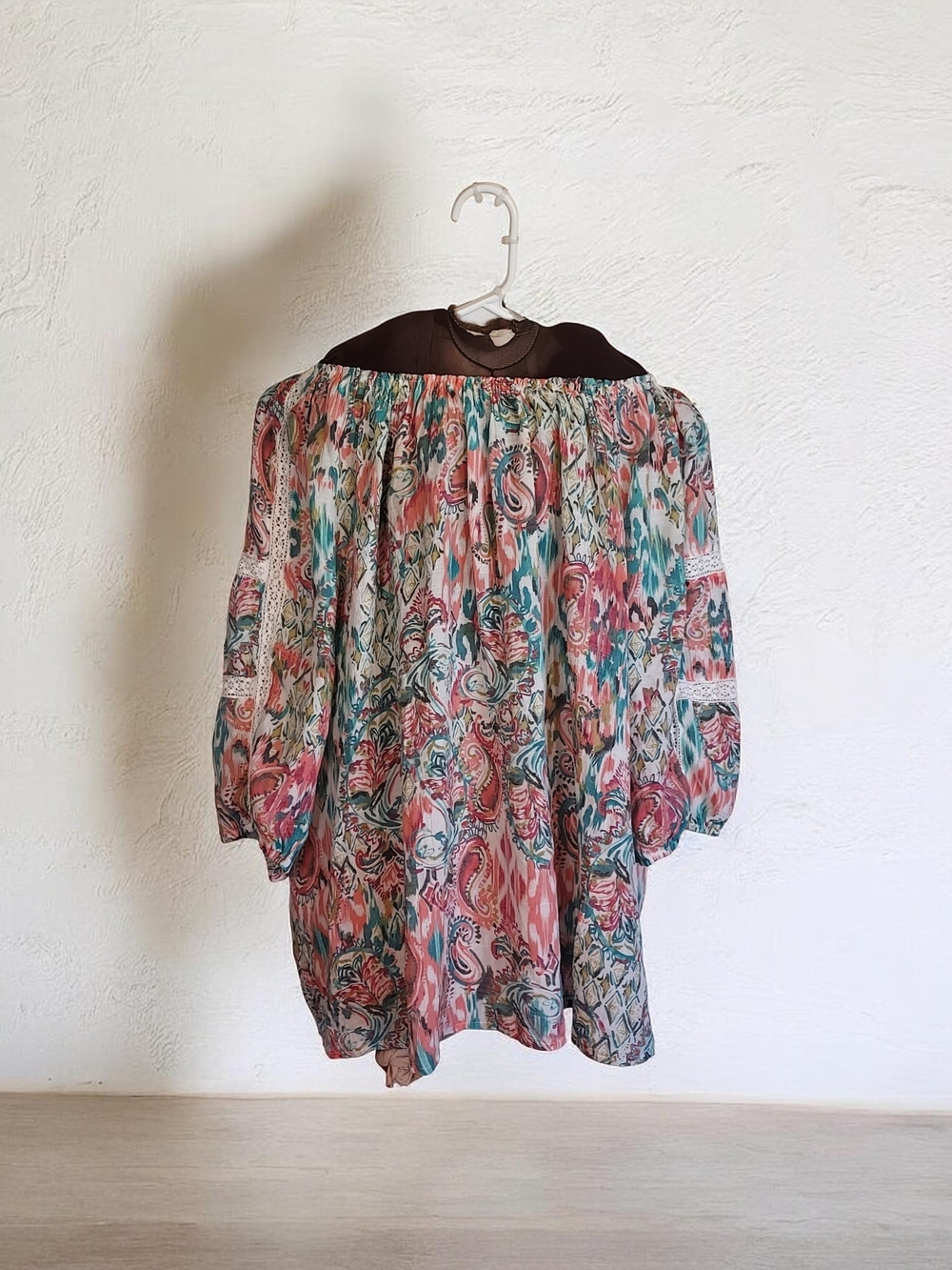 Boho Paisley Peasant Blouse in Coral, Teal & Cream